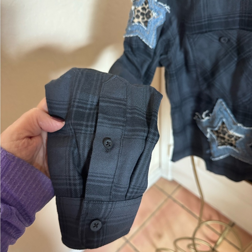 Suzy T Designs Grey Plaid Shirt with Star Patches - Picture 3 of 6